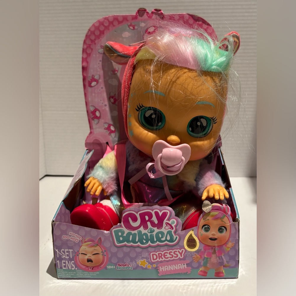 CRY BABIES CRYING DOLL Dressy HANNAH Interactive Baby with Hair 88436 New In Box